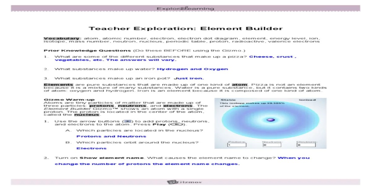 Element builder gizmo answer sheet