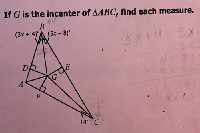 If g is the incenter of abc find each measure